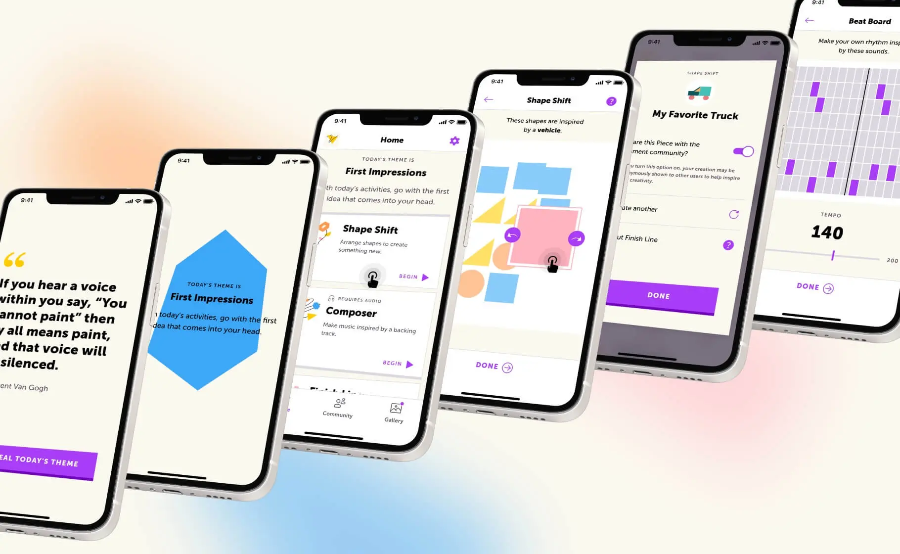 Six Figment iPhone screens fanned across theme, home, Shape Shift, and Beat Board