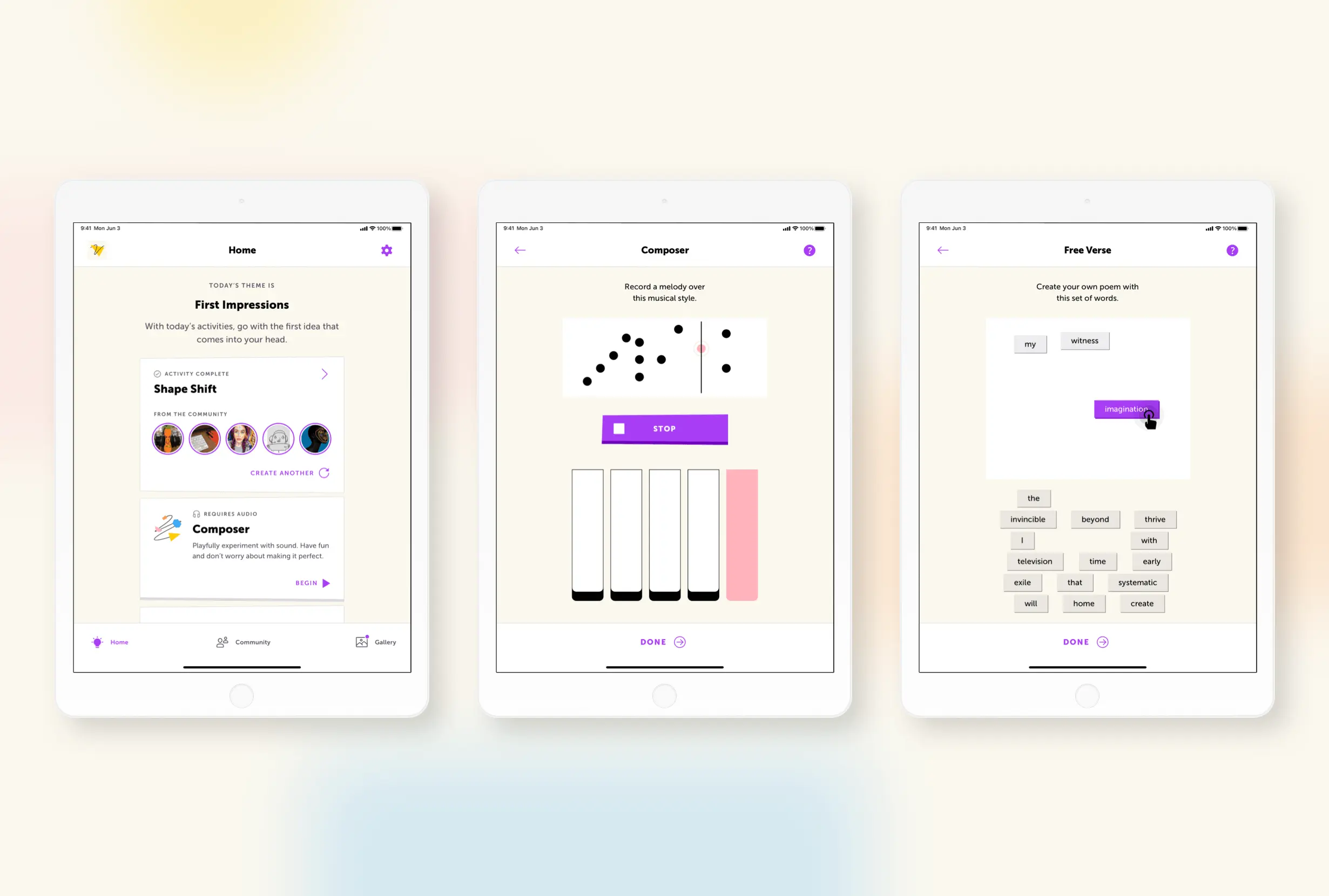 Figment Home, Composer, and Free Verse screens on three iPads